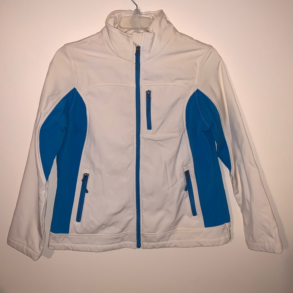 CB SPORTS Women’s Blue White Soft Shell Full Zip‎ Front Hooded Jacket Size XL